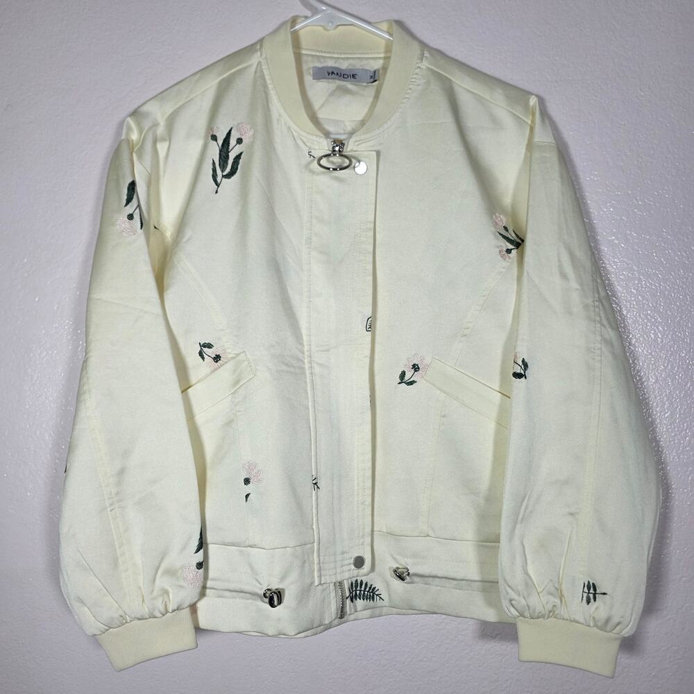 Yandie Embroidered Floral Bomber Jacket Ivory Silk Blend Women's M